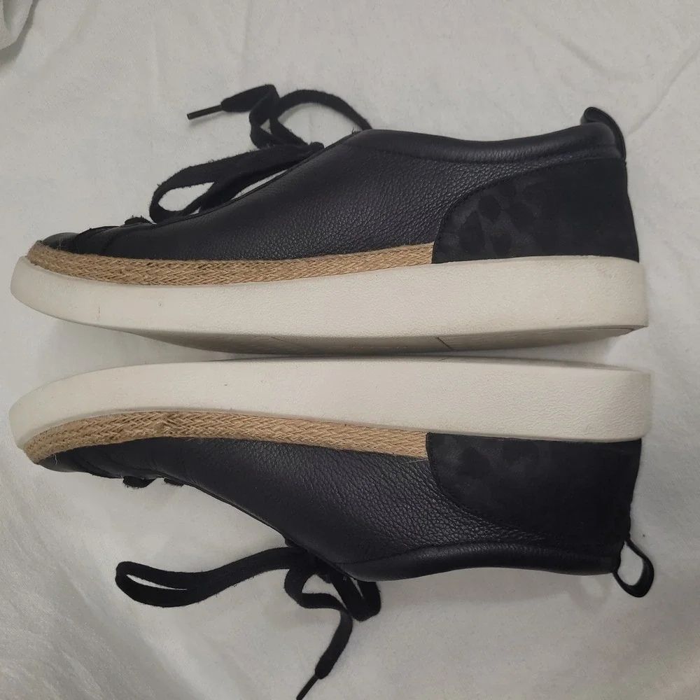 Vionic Elisia Black Leather Jute Trim Orthotic Sneakers Womens 10 Low Top Laces